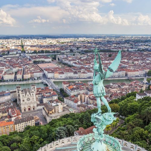 aerial view of lyon from the top of notre dame de fourviere