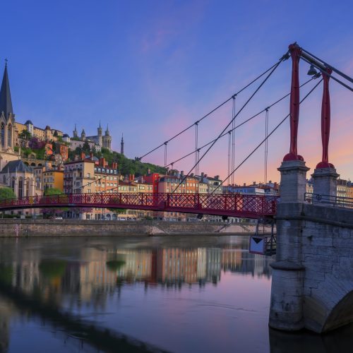 famous red footbridge in the morning, lyon